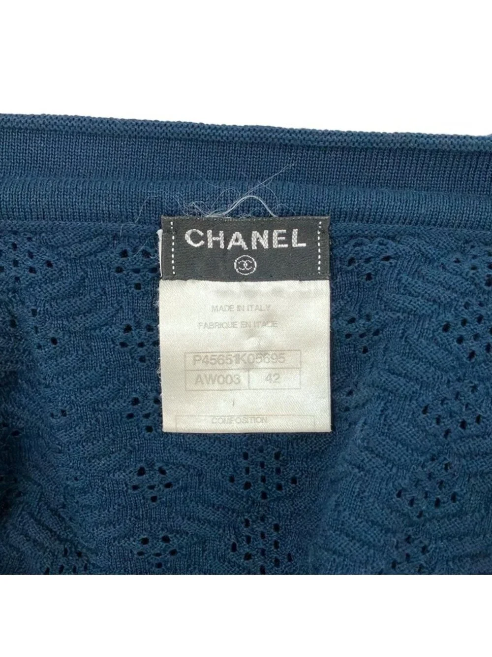 Chanel Dress L Navy Crew Neck 3/4 Sleeve Knee Length Knit